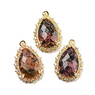 Natural Rhodonite Faceted Pendants, Rack Plating Brass Pave Clear Cubic Zirconia Teardrop Charms, Golden, 23.5~24x15~15.5x6mm, Hole: 1.2mm(G-M431-13G-06)