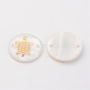 Freshwater Shell Links connectors, Flat Round with Gold Blocking Tortoise, Golden, 20x3~4mm, Hole: 1.5mm(SHEL-S247-05)