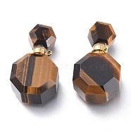 Faceted Natural Tiger Eye Openable Perfume Bottle Pendants, with 304 Stainless Steel Findings, Golden, 34~36x20~22x12~13mm, Hole: 1.8mm, Bottle Capacity: 1ml(0.034 fl. oz)(G-I287-06G-F)