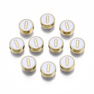 Alloy Enamel Beads, Cadmium Free & Lead Free, Light Gold, Flat Round with Alphabet, White, Letter.I, 8x4mm, Hole: 1.5mm(ENAM-N052-006-01I-RS)