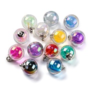 AB Color Resin Round Pendants, Ball in Ball Charms with Platinum Plated Alloy Loops, Mixed Color, 20x15.5mm, Hole: 2mm(RESI-U002-02)