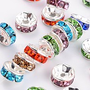 Brass Grade A Rhinestone Spacer Beads, Silver Color Plated, Nickel Free, Mixed Color, 7x3.2mm, Hole: 1.2mm(RSB037NF)