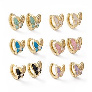 Clear Cubic Zirconia Butterfly Hoop Earrings with Enamel, Real 18K Gold Plated Brass Jewelry for Women, Lead Free & Cadmium Free, Mixed Color, 11.5x13x10mm, Pin: 1mm(EJEW-I270-10G)