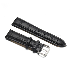 Leather Watch Bands, with 304 Stainless Steel Clasps, Black, 90~120x22x4~5mm(WACH-F017-02D)