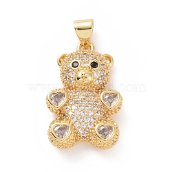 Brass Cubic Zirconia Pendants, Golden, Bear with Heart Charm, Clear, 23x15x4mm, Hole: 4X5mm(ZIRC-K089-14G-01)