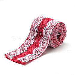 Burlap Ribbon, Hessian Ribbon, Jute Ribbon, with Lace, for Jewelry Making, Heart Pattern, Red, 2-3/8 inches(60mm), about 2.187yards/roll(2m/roll), 12rolls/bag(OCOR-R071-01A)
