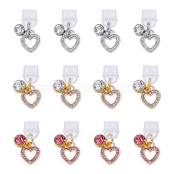12Pcs 3 Colors Plastic Mobile Dustproof Plugs, with Alloy Rhinestone Heart Pendants, Mixed Color, 25mm, 4pcs/color(HJEW-HY00089)