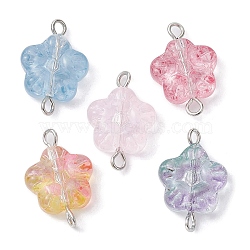 Transparent Baking Paint Glass Glitter Flower Connector Charms, with Stainless Steel Color Tone 304 Stainless Steel Double Loops, Mixed Color, 19x13x5mm, Hole: 1.8~2mm(PALLOY-JF02341-40B)