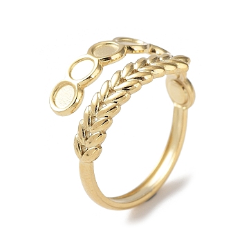 304 Stainless Steel Cuff Ring Components, Bezel Cup Ring Settings, Leaf with Round Tray, Real 14K Gold Plated, Inner Diameter: 17.2mm, Tray: 3mm