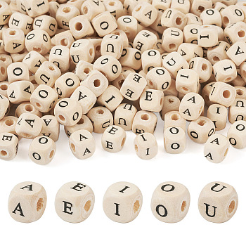 250Pcs 5 Styles Printed Natural Schima Wood Beads, Horizontal Hole, Cube with Initial Letter, Antique White, 8x8x8mm, 50pcs/style