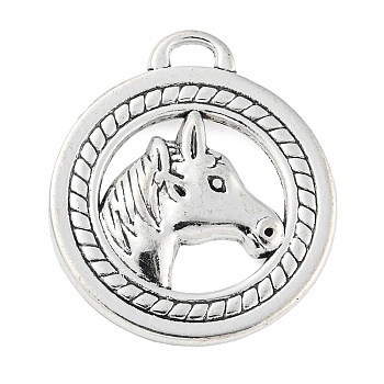 Tibetan Style Alloy Pendants, Flat Round with Horse Head, Cadmium Free & Lead Free, Antique Silver, 28x25x4mm, Hole: 3.5mm, about 160pcs/1000g