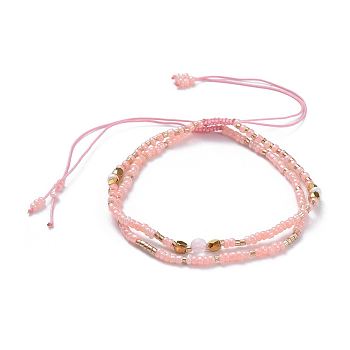 Braided Beaded Bracelets, with Glass Seed Beads, Natural Gemstone Beads, Brass Bead Spacers and Burlap Bags, Pink, 55mm