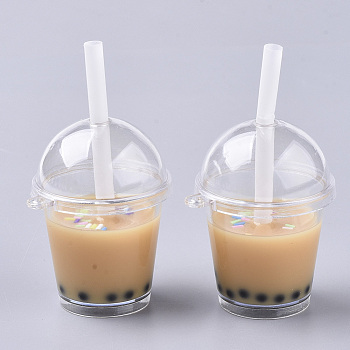 Openable Acrylic Bottle Big Pendants, with Resin, Polymer Clay Inside and Plastic Straw, Bubble Tea/Boba Milk Tea, Sandy Brown, 64~74x43x37.5mm, Hole: 2.5mm