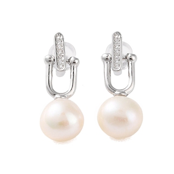 925 Sterling Silver Studs Earring, with Cubic Zirconia and Natural Pearl, Platinum, 22.5x8mm