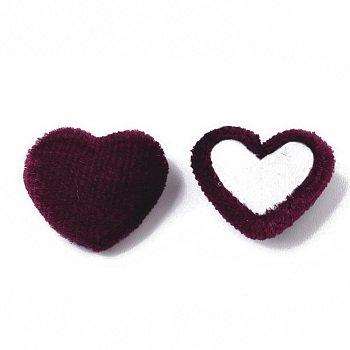 Velvet Cloth Fabric Covered Cabochons, with Aluminum Bottom, Heart, Coconut Brown, 14~15x16~17x6~7mm