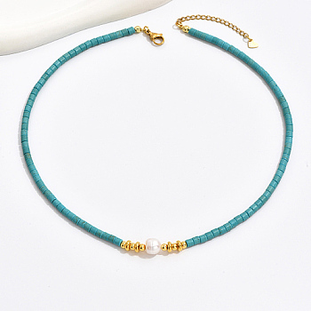 Synthetic Turquoise Column & Natural Pearl Beaded Necklace, 17.72 inch(45cm)