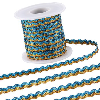 1Pc Sparkle Wavy Polyester Ribbons, with 1Pc Plastic Empty Spools, Deep Sky Blue, 1/4 inch(5mm), about 16.40~18.59 Yards(15~17m)/Roll