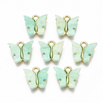 Alloy Pendants, with Resin and Glitter Powder, Butterfly, Golden, Aquamarine, 13x13~15x3.5mm, Hole: 2mm