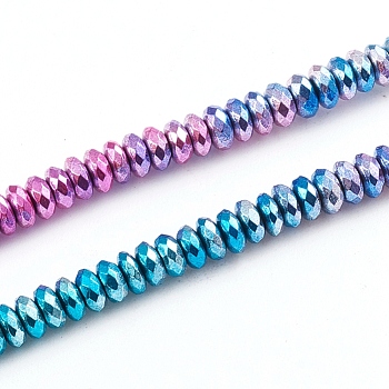 Electroplated Non-magnetic Synthetic Hematite Beads Strands, Full Plated, Rondelle, Faceted, Multi-color Plated, 4x2mm, Hole: 0.8mm, about 200pcs/strand, 16.14 inch(41cm)