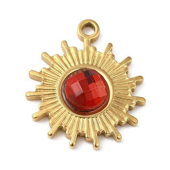 Real 18K Gold Plated 304 Stainless Steel Pendants, with Glass, Sun Charms, Red, 19x16x3.5~4.5mm, Hole: 1.6mm