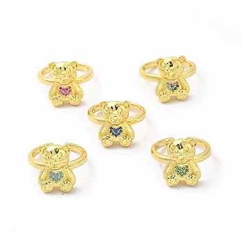 Cubic Zirconia Bear with Heart Open Cuff Ring, Golden Brass Jewelry for Women, Mixed Color, Inner Diameter: 17mm