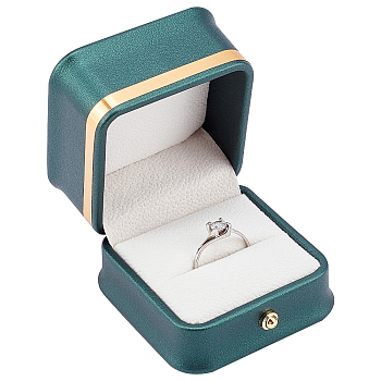 Gorgecraft Leather Ring Gift Boxes, with Velvet Inside, for Wedding, Jewelry Storage Case, Square, Dark Green, 5.8x5.8x4.8cm, Inner Diameter: 48x44mm