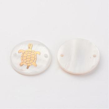 Freshwater Shell Links connectors, Flat Round with Gold Blocking Tortoise, Golden, 20x3~4mm, Hole: 1.5mm