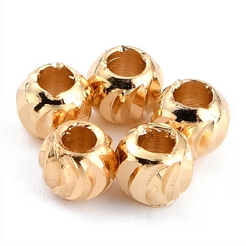 Brass Beads, Long-Lasting Plated, Corrugated Round, Real 24K Gold Plated, 3x2.5mm, Hole: 1.2mm