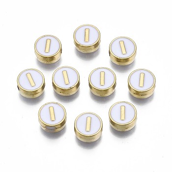 Alloy Enamel Beads, Cadmium Free & Lead Free, Light Gold, Flat Round with Alphabet, White, Letter.I, 8x4mm, Hole: 1.5mm