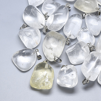Natural Quartz Crystal Pendants, Rock Crystal Pendants, with Stainless Steel Snap On Bails, Nuggets, Stainless Steel Color, 30~55x18~30x10~20mm, Hole: 3~4x7~8.5mm