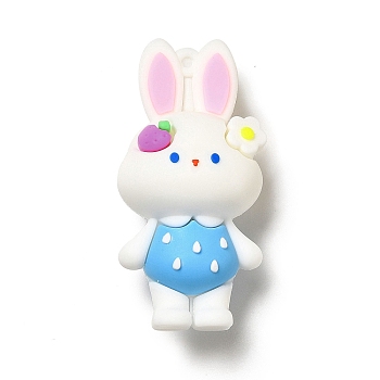 PVC Plastic Big Pendants, Rabbit with Strawberry & Flower Charm, Dodger Blue, 63.5x31x24mm, Hole: 2.7mm
