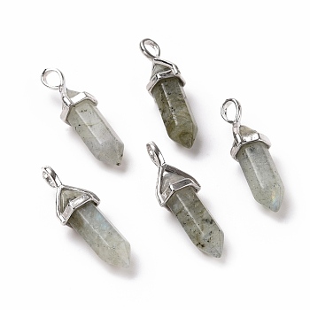 Natural Labradorite Pendants, Faceted, with Platinum Tone Brass Findings, Lead free & Cadmium Free, Bullet, 27~30x9~10x7~8mm, Hole: 4x3mm