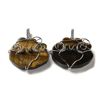 Natural Tiger Eye Copper Wire Wrapped Pendants, Cloud Charms, Rack Plating, Platinum, 47~49x44.5~46x13~13.5mm, Hole: 6~7.5x4.5~5mm