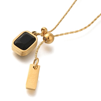 Ion Plating(IP) 304 Stainless Steel Pave Glass Cardano Chain Rectangle Pendant Necklaces, Real 18K Gold Plated, Black, 17.32~17.72 inch(40~45cm)