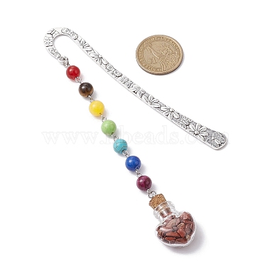 7 Chakra Gemstone Bead & Natural Red Jasper Glass Heart Wishing Bottle Pendant Bookmarks(AJEW-JK00313-01)-3