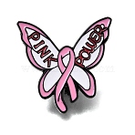 Pink Enamel Brooches, Black Alloy Lapel Pin Backs for Backpack Clothes, Pink Power Butterfly & Ribbon, 29.5x30mm(AL-CBA97E5-02EB-01)