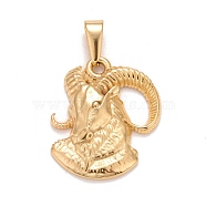 Ion Plating(IP) 304 Stainless Steel Pendants, Textured, Constellation/Zodiac Sign, Aries, 30x28.5x3.4mm, Hole: 10x4.5mm(STAS-D165-14G-03)
