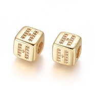 Brass Micro Pave Cubic Zirconia European Beads, Horizontal Hole, Large Hole Beads, Long-Lasting Plated, Cube with Letter, Golden, Clear, Letter.H, 9x9x9.5mm, Hole: 4.5mm(ZIRC-G162-13G-H)
