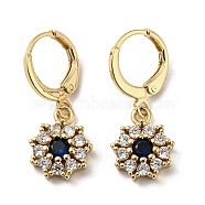 Real 18K Gold Plated Brass Dangle Leverback Earrings, with Cubic Zirconia and Glass, Flower, Dark Blue, 26x10.5mm(EJEW-L269-040G-03)