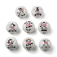 Spray Painted Natural Wood European Beads, Round with Mixed Cow Pattern, White, 16x15mm, Hole: 4mm(WOOD-M009-01)