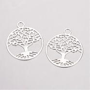 Brass Filigree Pendants, Flat Round with Tree of Life, Silver Color Plated, 23.5x20x0.5mm, Hole: 3mm(KK-D522-09S)