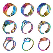 9Pcs 9 Style Rainbow Color 304 Stainless Steel Heart & Star & Word Love Cuff Rings, Open Rings for Women, Inner Diameter: 17.3~19.3mm, 1Pc/style(RJEW-SZ0001-20)