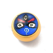 Alloy Enamel Beads, with Glass, Lead Free & Cadmium Free, Mette Gold Color, Round with Face Pattern, Blue, 12.5x11.4mm, Hole: 1.8mm(ENAM-K067-77MG-04)