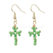 Glass Seed Braided Cross Dangle Earrings, Gold Plated Brass Wire Wrap Jewelry for Women, Lime, 42.5mm, Pin: 0.5mm(EJEW-JE05042)