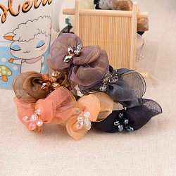 Nylon Thread Elastic Fiber Hair Ties, Ponytail Holder, Bowknot, with Glass Beads, Mixed Color, 45~50mm(OHAR-O013-01)