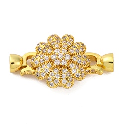 Brass Micro Pave Cubic Zirconia Fold Over Clasps, Lead Free & Cadmium Free, Golden, Flower, Golden, Clear, 37mm(KK-A230-07G-02)