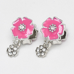 Alloy Enamel European Dangle Charms, with Rhinestones, Large Hole Pendants, Long-Lasting Plated, Flower, Platinum, Hot Pink, 21mm, Hole: 5mm, Flower: 11.5x11.5x12mm, Pendant: 9x6x2mm(MPDL-S064-46A)