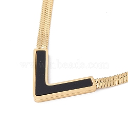 Synthetic Shell Initial Letter V Pendant Necklace, Gold Plated 304 Stainless Steel Jewelry for Women, Black, 15.91 inch(40.4cm)(NJEW-G074-58G-01)