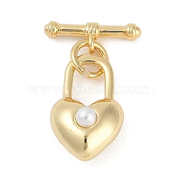 Brass Toggle Clasps, with ABS Imitation Pearl, Heart, Real 18K Gold Plated, Heart: 13x8.5x6mm, Hole: 5.5x3.5mm, Bar: 12x4x2.5mm, Hole: 1mm(KK-K391-08G)