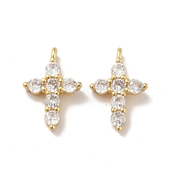 Brass Micro Pave Cubic Zirconia Pendants, Cadmium Free & Lead Free, Long-Lasting Plated, Cross, Clear, Real 18K Gold Plated, 14x9.5x3mm, Hole: 1.2mm(X-KK-B059-18G)
